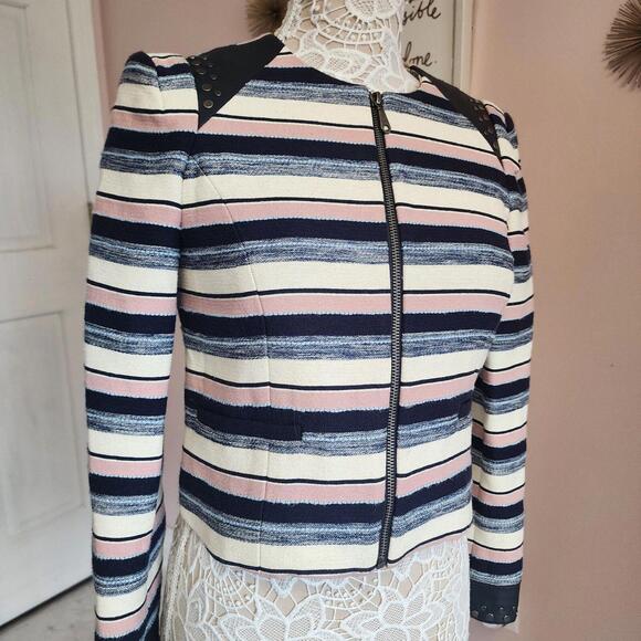 NWOT Rebecca Mincoff Pink Cream Stripe stanford short Jacket blazer 2  mm42 - Picture 1 of 7